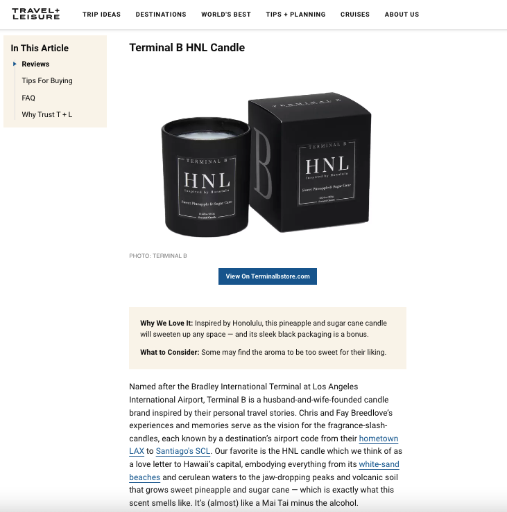 TERMINAL B Candles Featured in Travel & Leisure