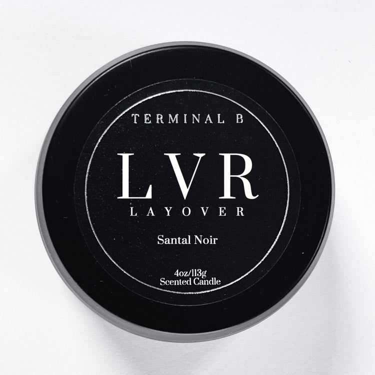 LVR Layover 4oz Travel Tin candle by Terminal B. Lavender and Eucalyptus fragranced and displayed against a white background. Carefully designed for an elegant, long-lasting scent.