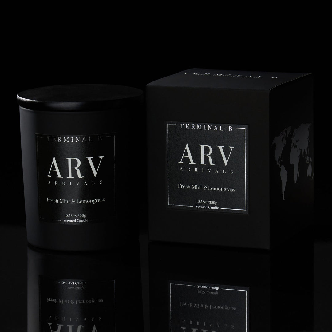 ARV luxury candle by Terminal B in Fresh Lemongrass & Mint fragrance, displayed against a black background. Inspired by Arrivals, carefully designed for an elegant, long-lasting scent.