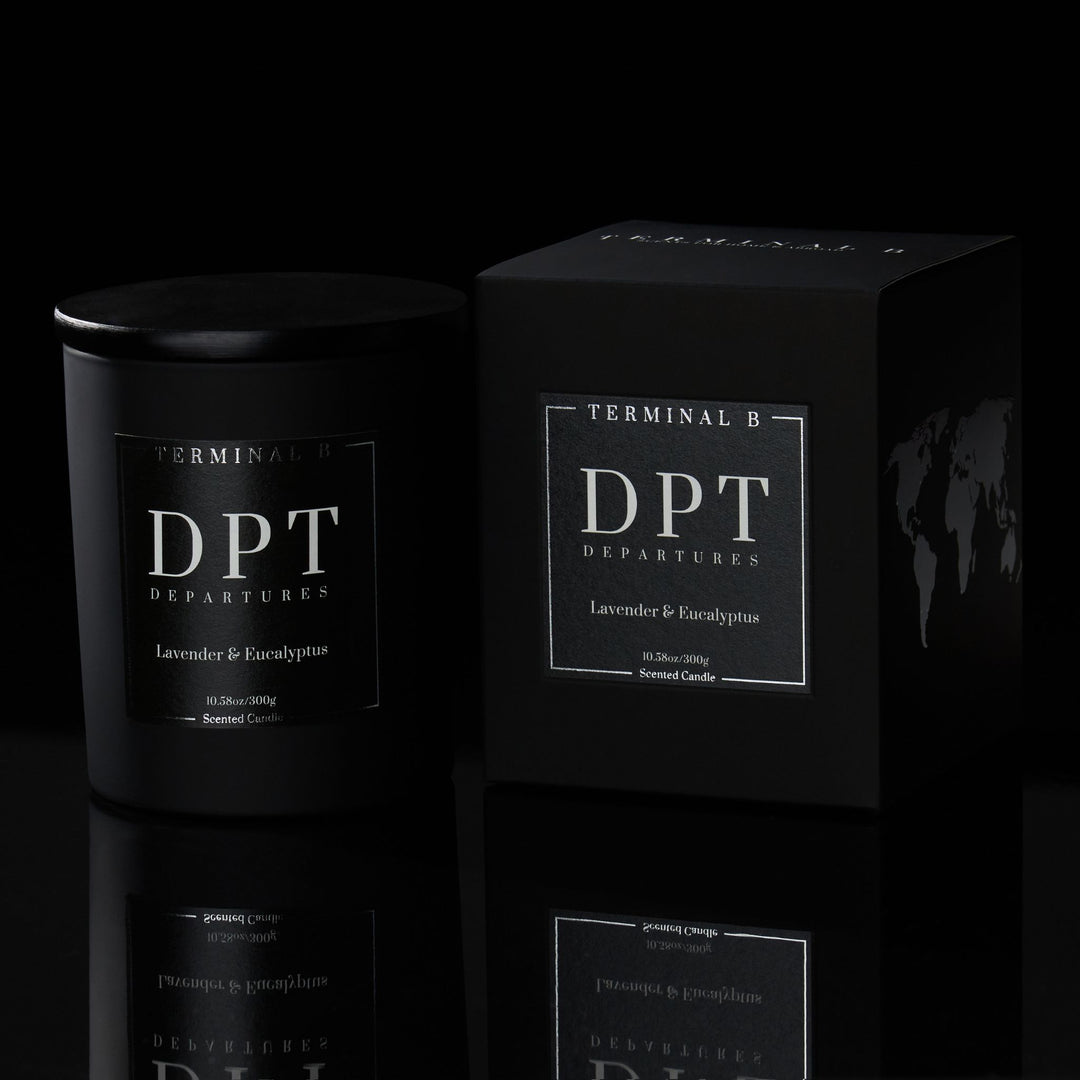 DPT luxury candle by Terminal B in Lavender & Eucalyptus fragrance, displayed against a black background. Inspired by Departures, carefully designed for an elegant, long-lasting scent.