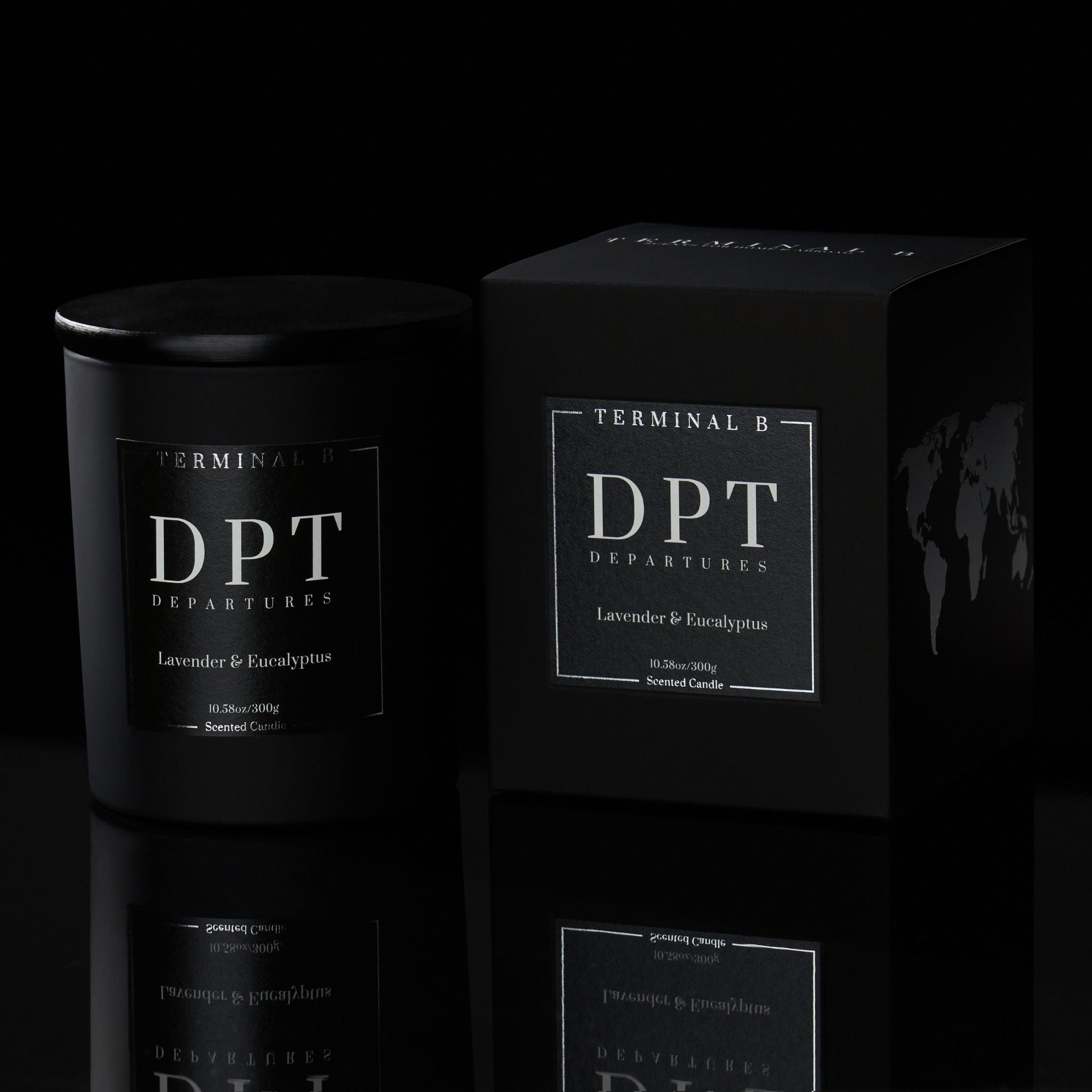 DPT luxury candle by Terminal B in Lavender & Eucalyptus fragrance, displayed against a black background. Inspired by Departures, carefully designed for an elegant, long-lasting scent.