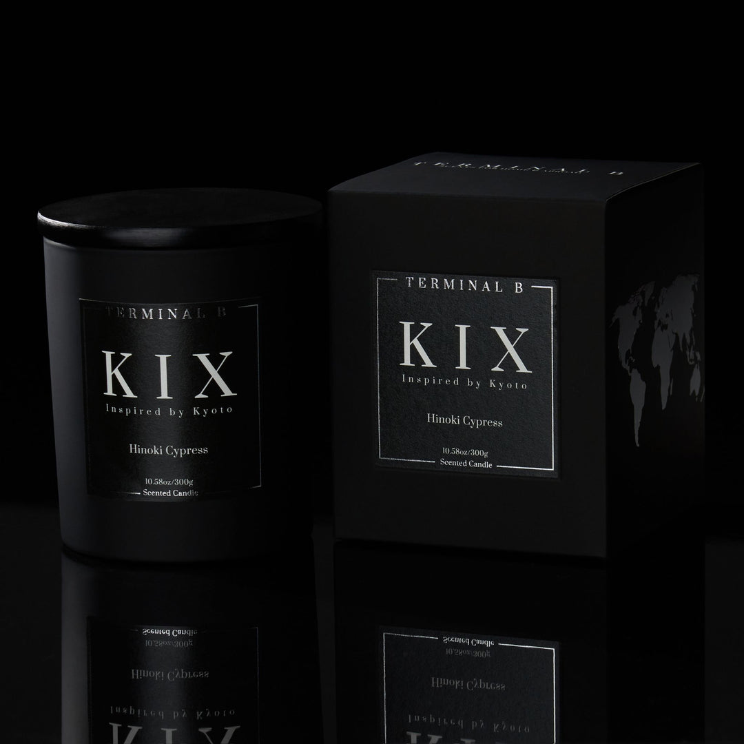 KIX luxury candle by Terminal B in Hinoki Cypress fragrance, displayed against a black background. Inspired by Kyoto, carefully designed for an elegant, long-lasting scent.