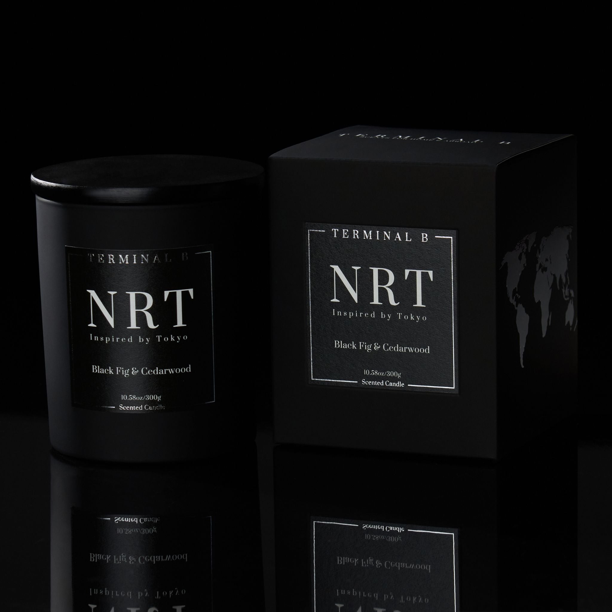 NRT luxury candle by Terminal B in Black Fig & Cedarwood fragrance, displayed against a black background. Inspired by Tokyo, carefully designed for an elegant, long-lasting scent.