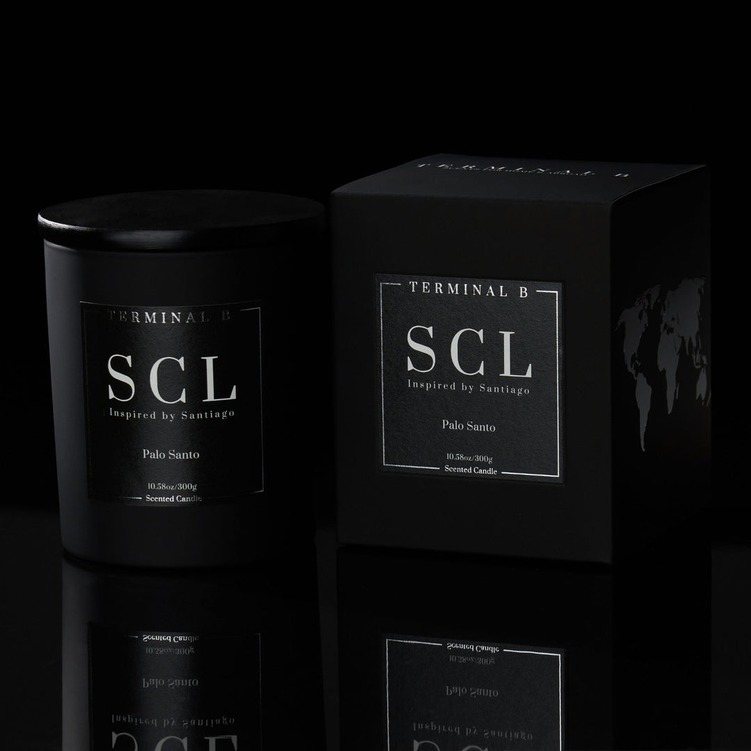 SCL luxury candle by Terminal B in Palo Santo fragrance, displayed against a black background. Inspired by Santiago, carefully designed for an elegant, long-lasting scent.