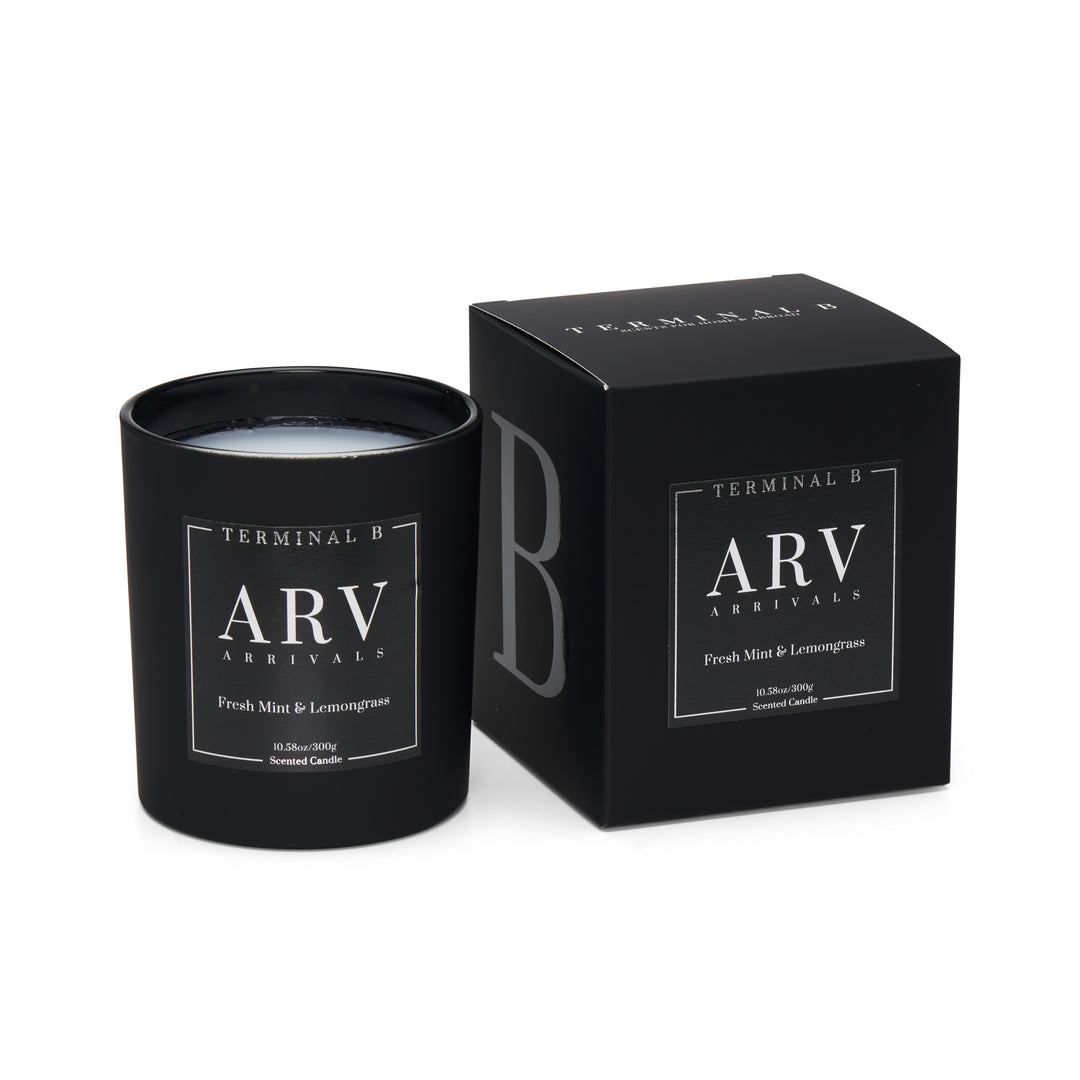 ARV luxury candle by Terminal B in Fresh Lemongrass & Mint fragrance, displayed against a white background. Inspired by Arrivals, carefully designed for an elegant, long-lasting scent.