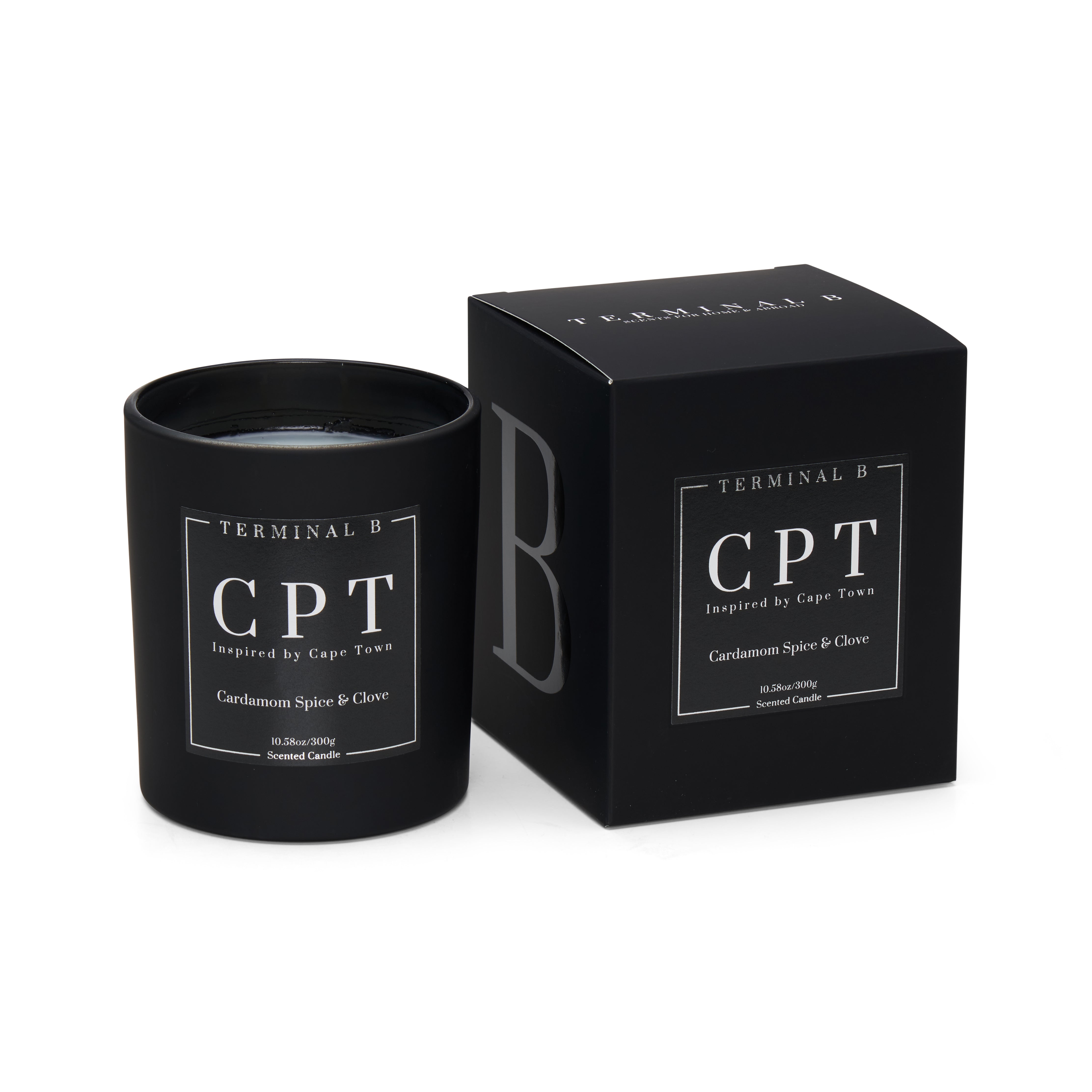 CPT luxury candle by Terminal B in Cardamom Spice & Clove fragrance, displayed against a white background. Inspired by Cape Town, carefully designed for an elegant, long-lasting scent.