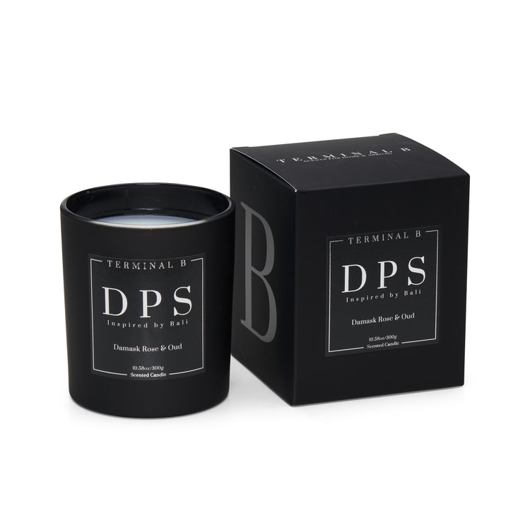 DPS luxury candle by Terminal B in Damask Rose & Oud fragrance, displayed against a white background. Inspired by Bali, carefully designed for an elegant, long-lasting scent.