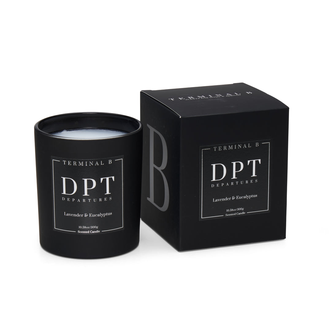 DPT luxury candle by Terminal B in Lavender & Eucalyptus fragrance, displayed against a white background. Inspired by Departures, carefully designed for an elegant, long-lasting scent.