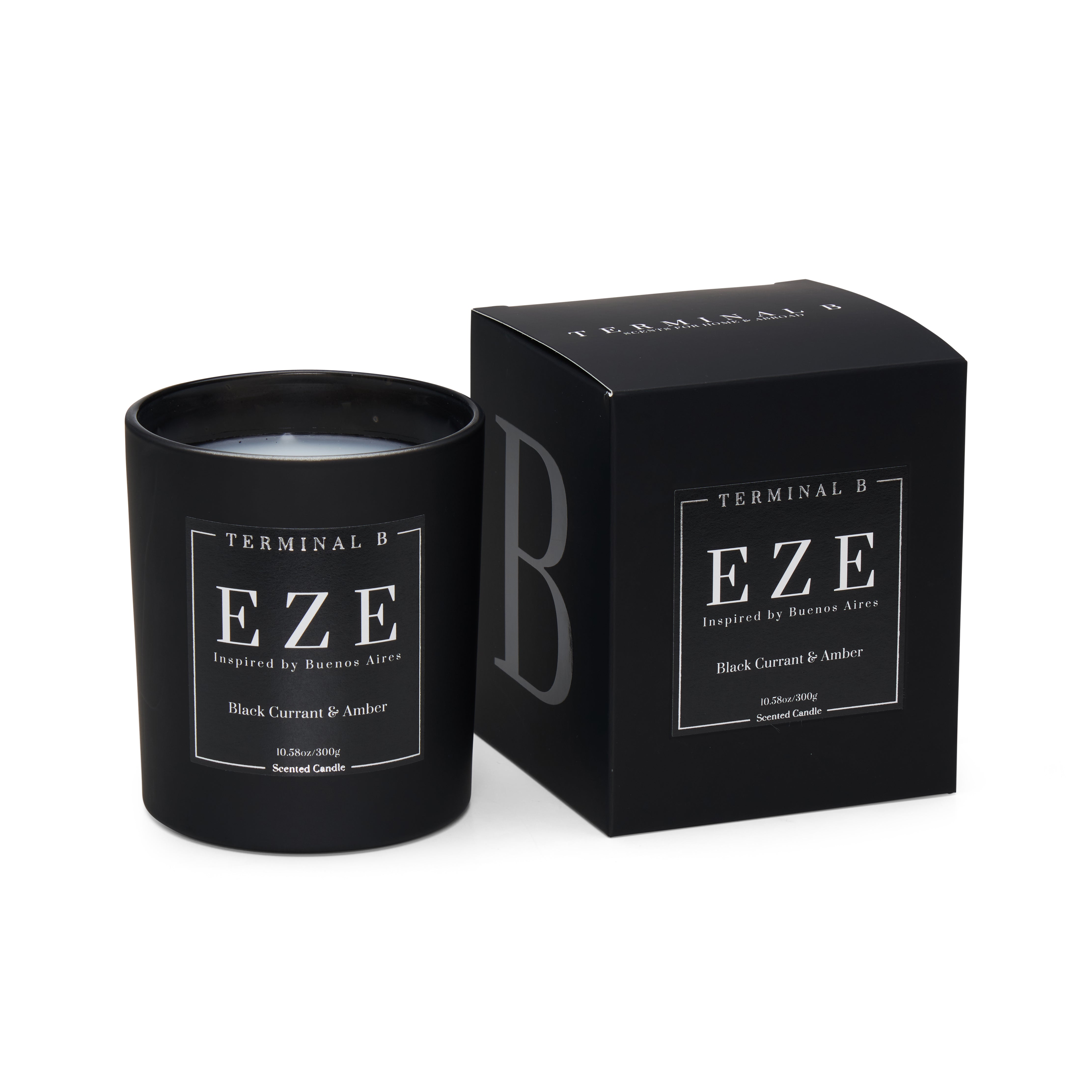 EZE luxury candle by Terminal B in Black Currant & Amber fragrance, displayed against a white background. Inspired by Buenos Aires, carefully designed for an elegant, long-lasting scent.