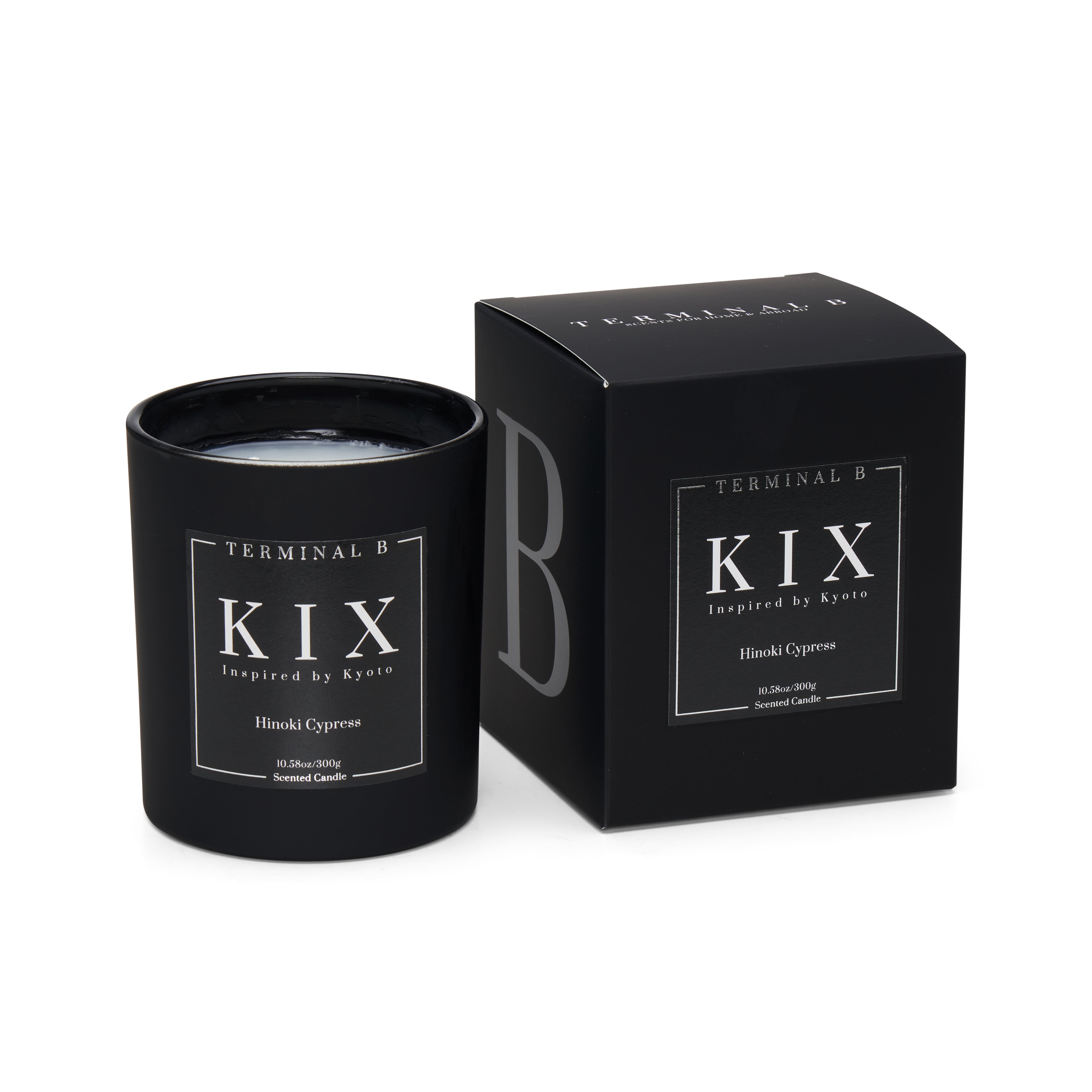 KIX luxury candle by Terminal B in Hinoki Cypress fragrance, displayed against a white background. Inspired by Kyoto, carefully designed for an elegant, long-lasting scent.