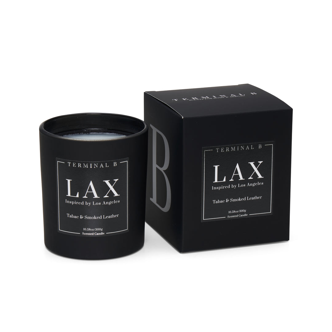 LAX luxury candle by Terminal B in Tabac & Smoked Leather fragrance, displayed against a white background. Inspired by Los Angeles, carefully designed for an elegant, long-lasting scent.