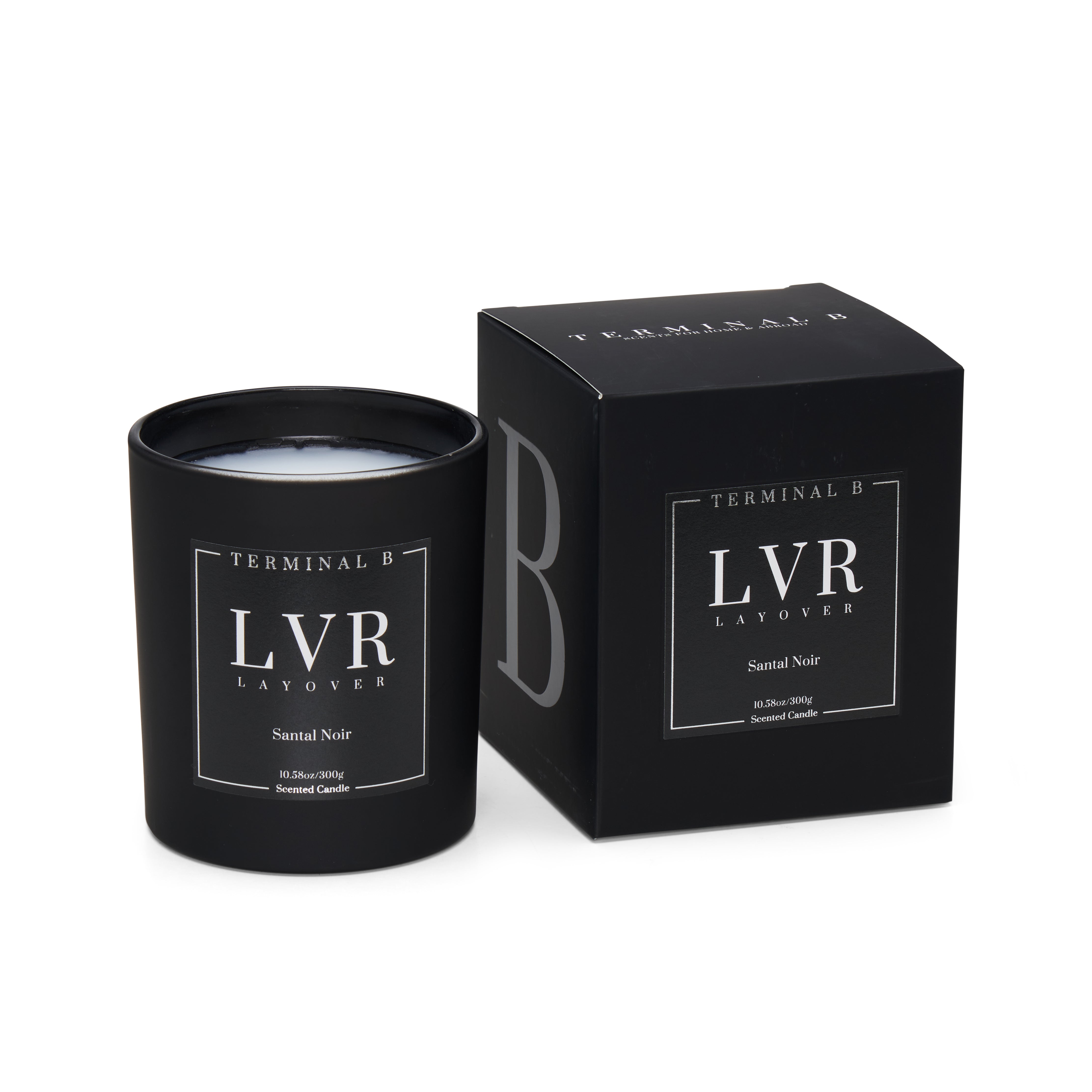 LVR luxury candle by Terminal B in Santal Noir fragrance, displayed against a white background. Inspired by Layover, carefully designed for an elegant, long-lasting scent.