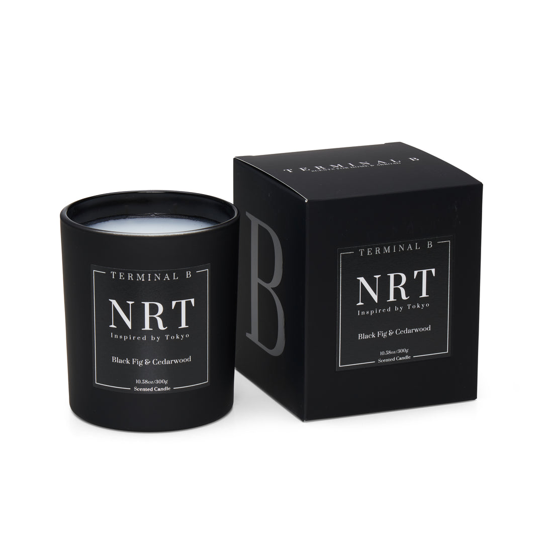 NRT luxury candle by Terminal B in Black Fig & Cedarwood fragrance, displayed against a white background. Inspired by Tokyo, carefully designed for an elegant, long-lasting scent.