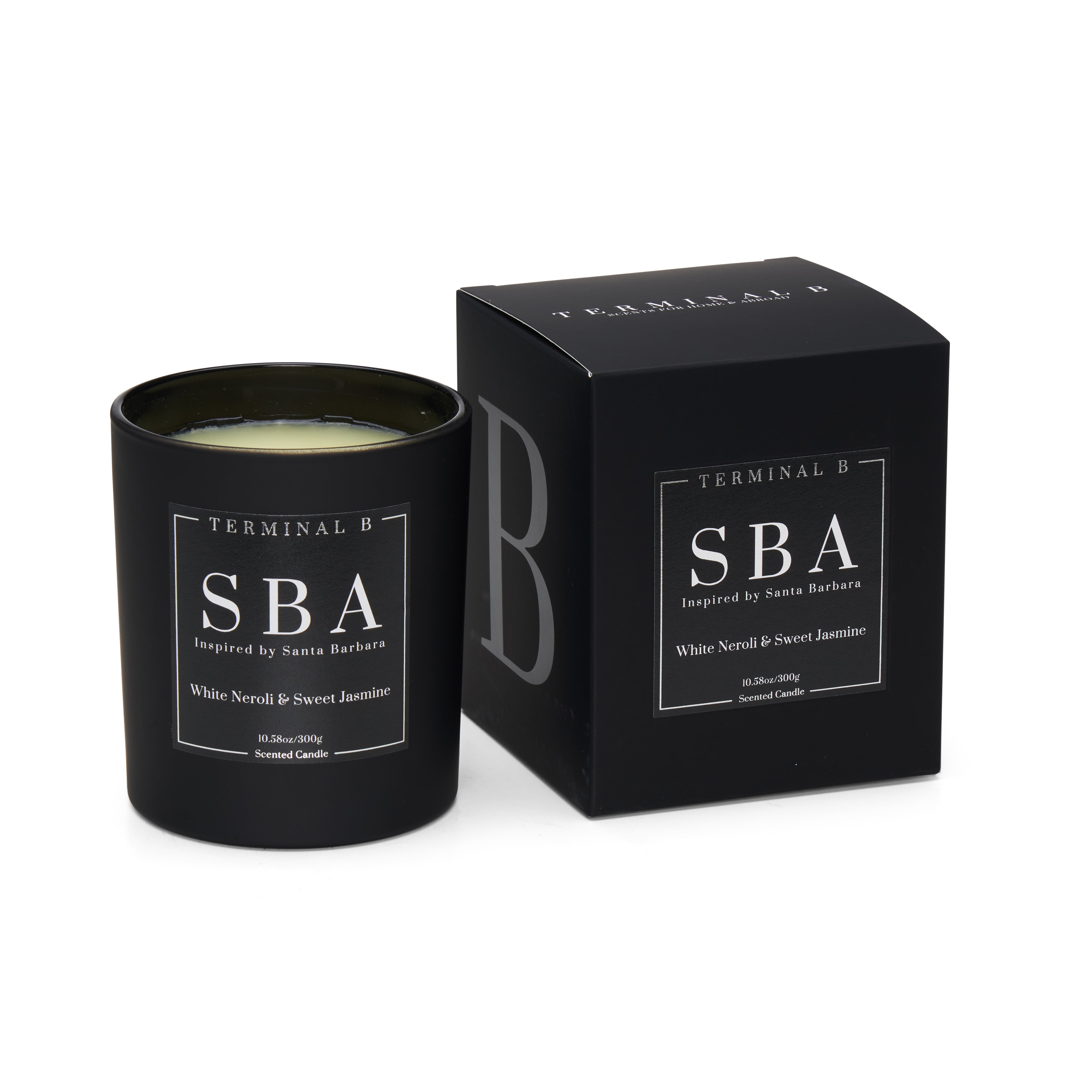 SBA luxury candle by Terminal B in White Neroli & Sweet Jasmine fragrance, displayed against a white background. Inspired by Santa Barbara, carefully designed for an elegant, long-lasting scent.