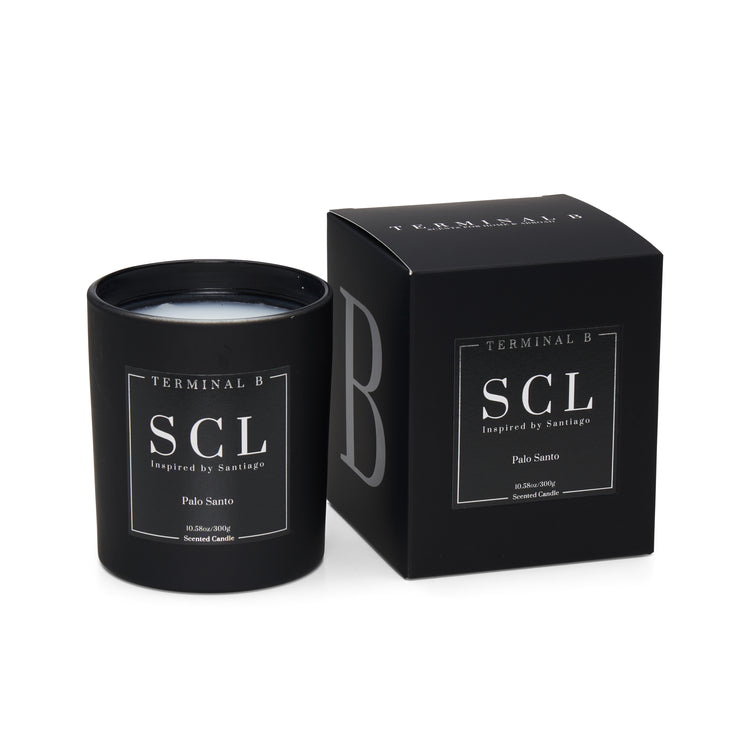 SCL luxury candle by Terminal B in Palo Santo fragrance, displayed against a white background. Inspired by Santiago, carefully designed for an elegant, long-lasting scent.