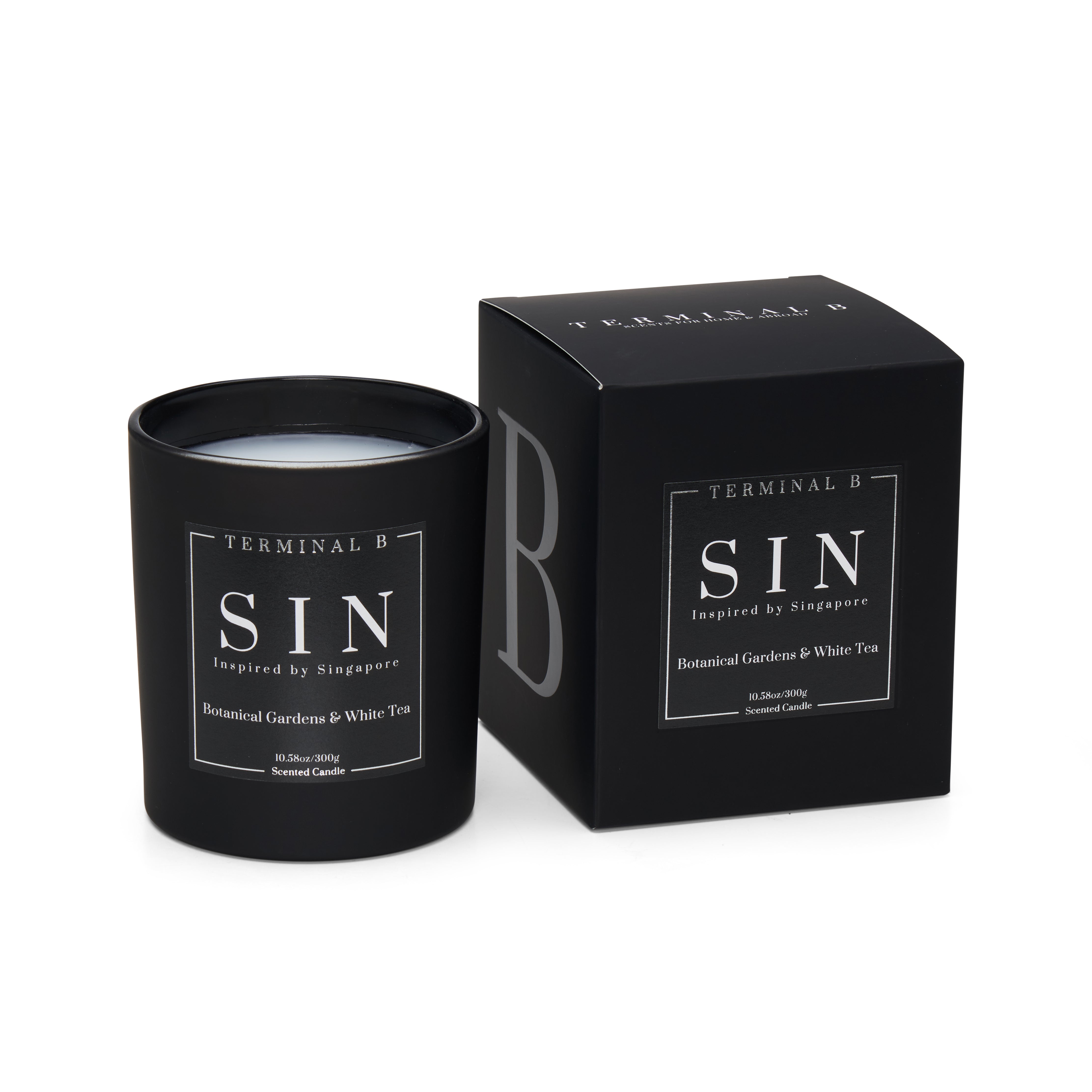 SIN luxury candle by Terminal B in Botanical Gardens & White Tea fragrance, displayed against a white background. Inspired by Singapore, carefully designed for an elegant, long-lasting scent.